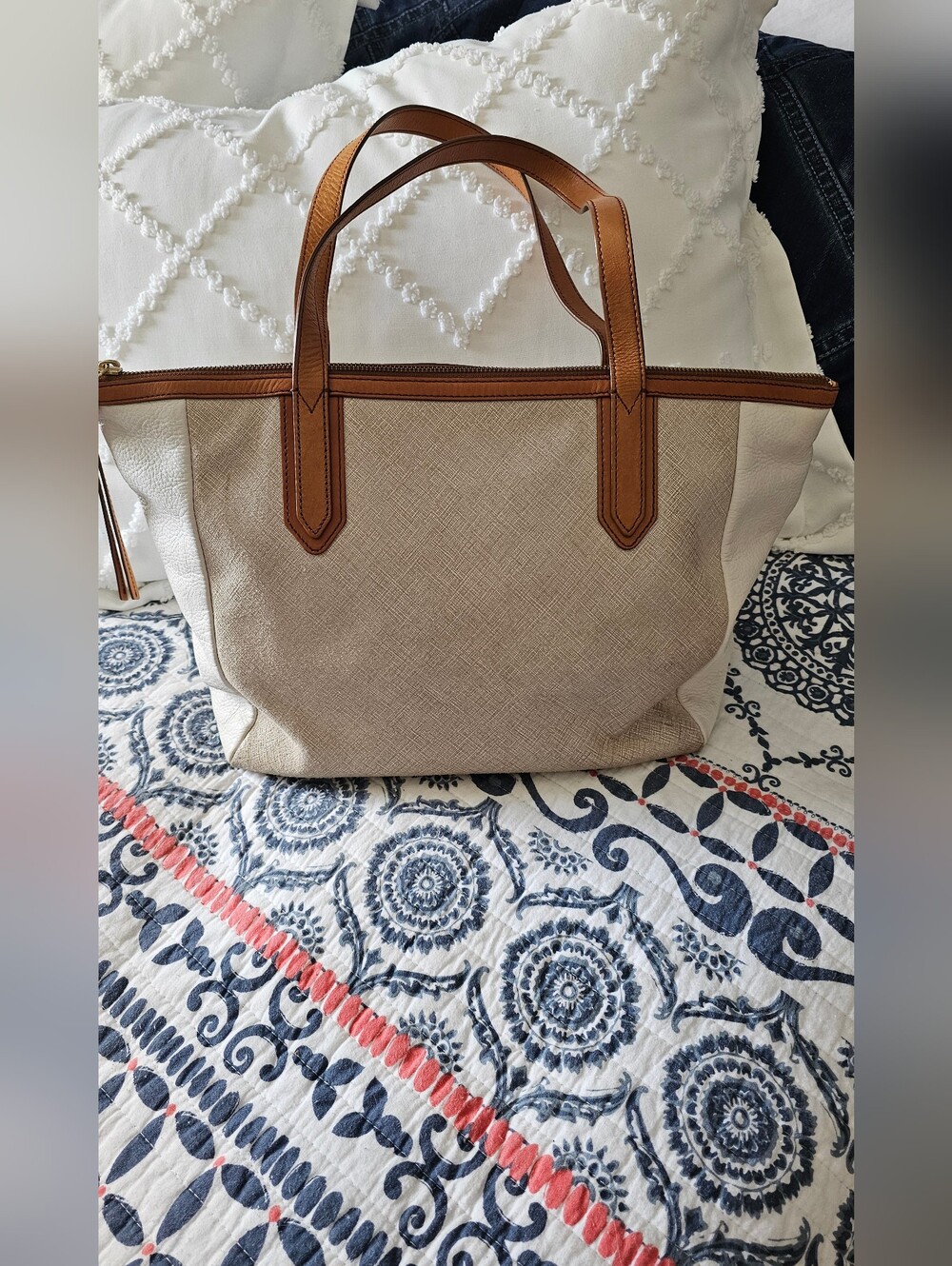 Fossil Beige and Brown Tote Bag